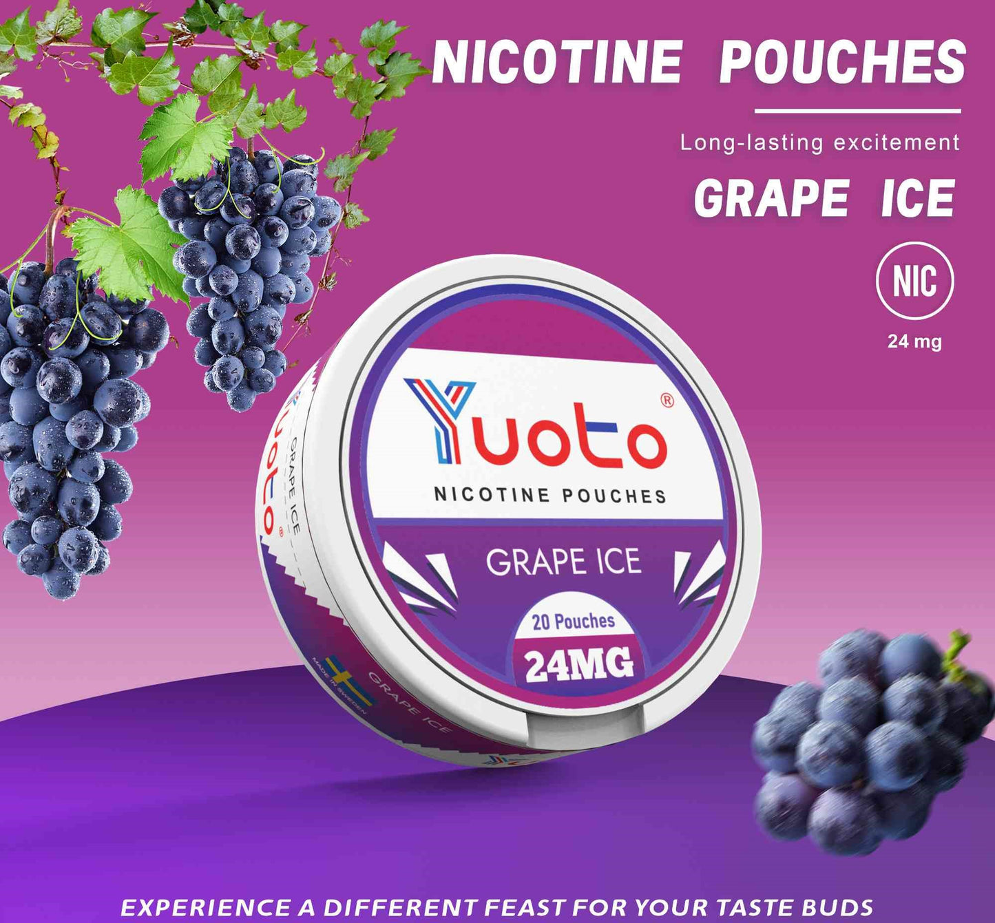 vitt snus, smak av vindruvor. 24MG nikotin. 20 stycken snuspåsar.