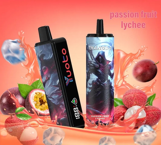 Laddningsbar vape med 10000 bloss och smak av passionsfrukt och litchi.