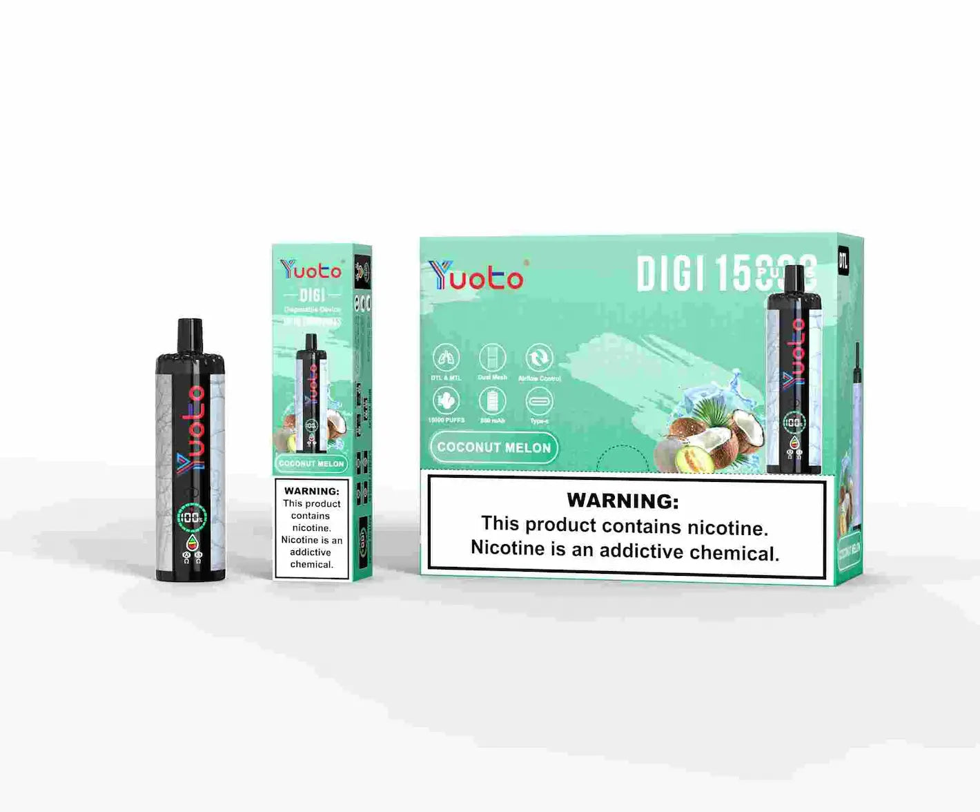 Laddningsbar vape med 15000 bloss (puffs) och en samk av exotisk coconut melon. Yuoto E-cigg.