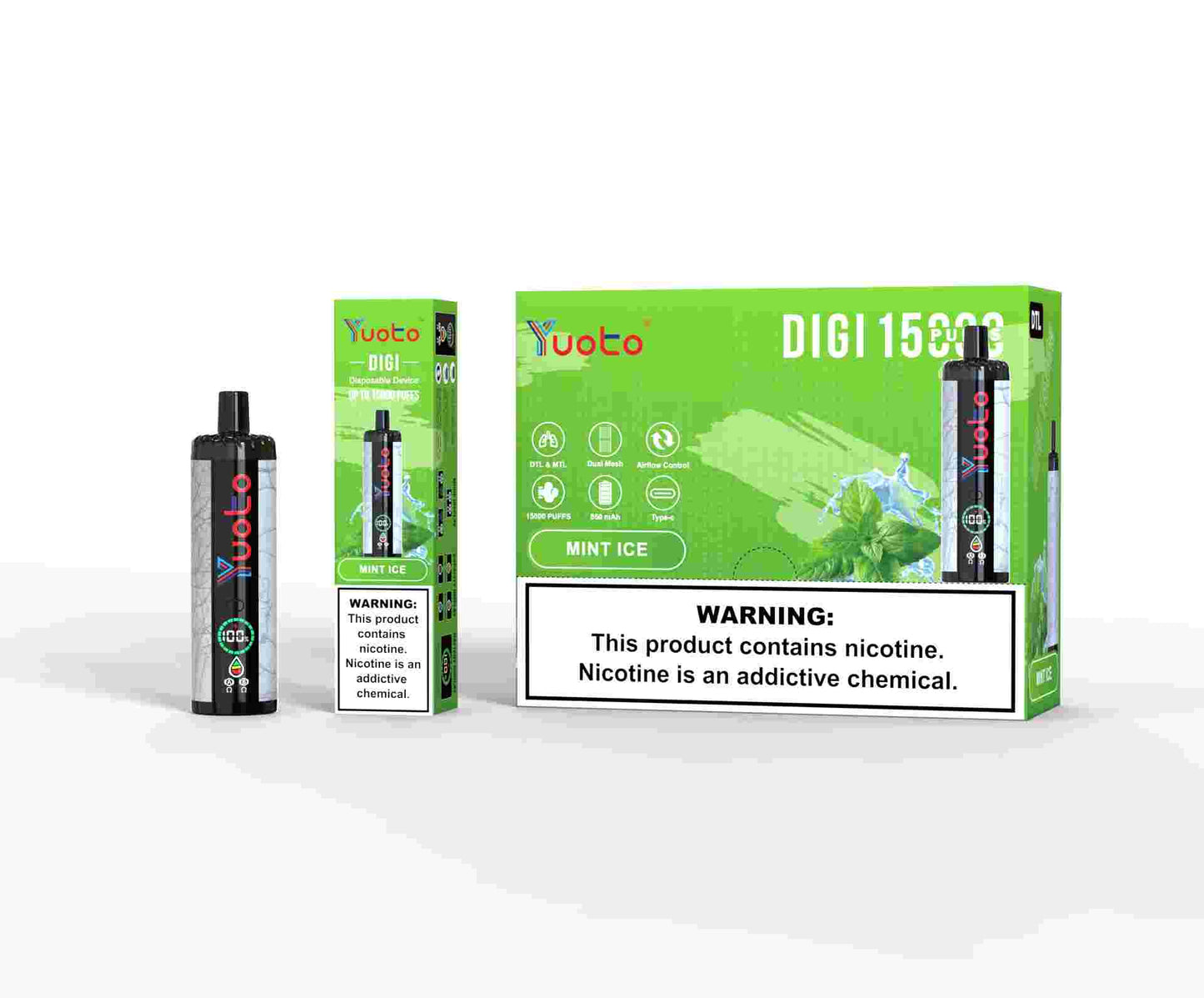 Laddningsbar vape med smak av mynta, innehåller 15000 bloss.
