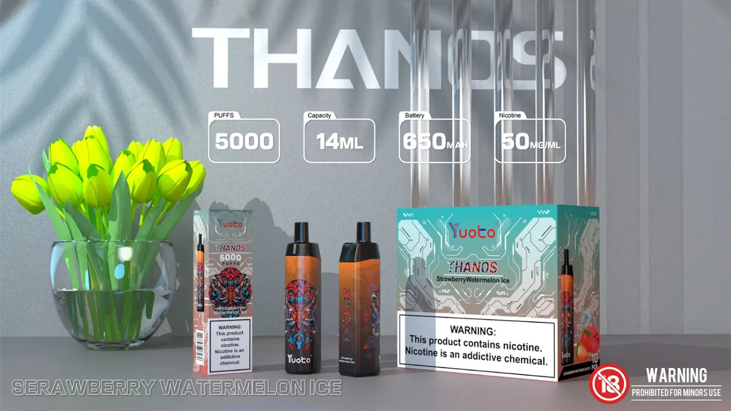 Vape från Thanos-serien, med 5000 puffar och en uppfriskande blandning av isvattenmelon och jordgubbe.