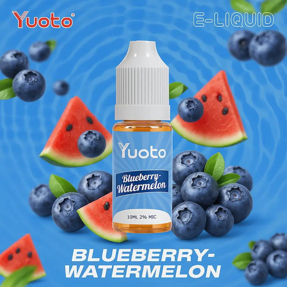 10 ml flaska med Vape juice i blåbär vattenmelon smak, med 35mg/ml (3,5%) nikotinsalt.