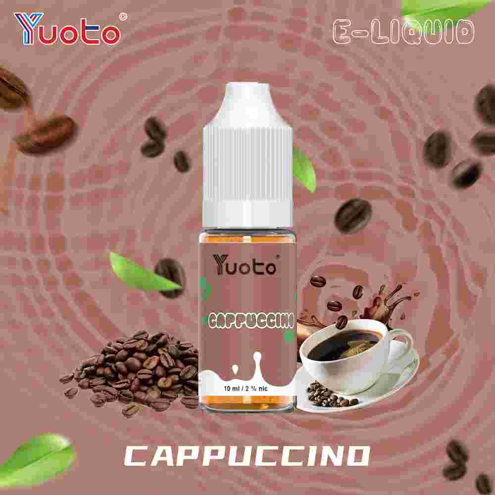 10 ml flaska med vape juice i cappuccino smak, och 35mg/ml (3,5%) nikotinsalt.