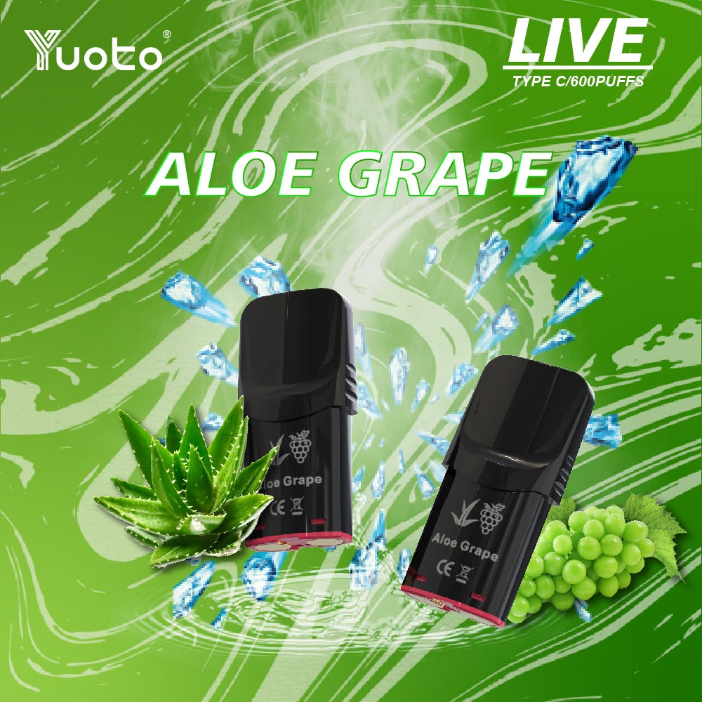Yuoto live innehåller 600 puffar och med smak av Aloe Grape.